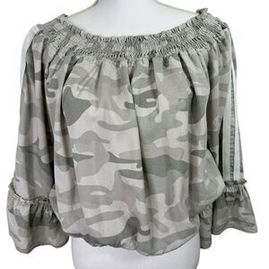Vintagege‎ Havana Camo Crop Top With  Stripe Ruched Neck Size M
